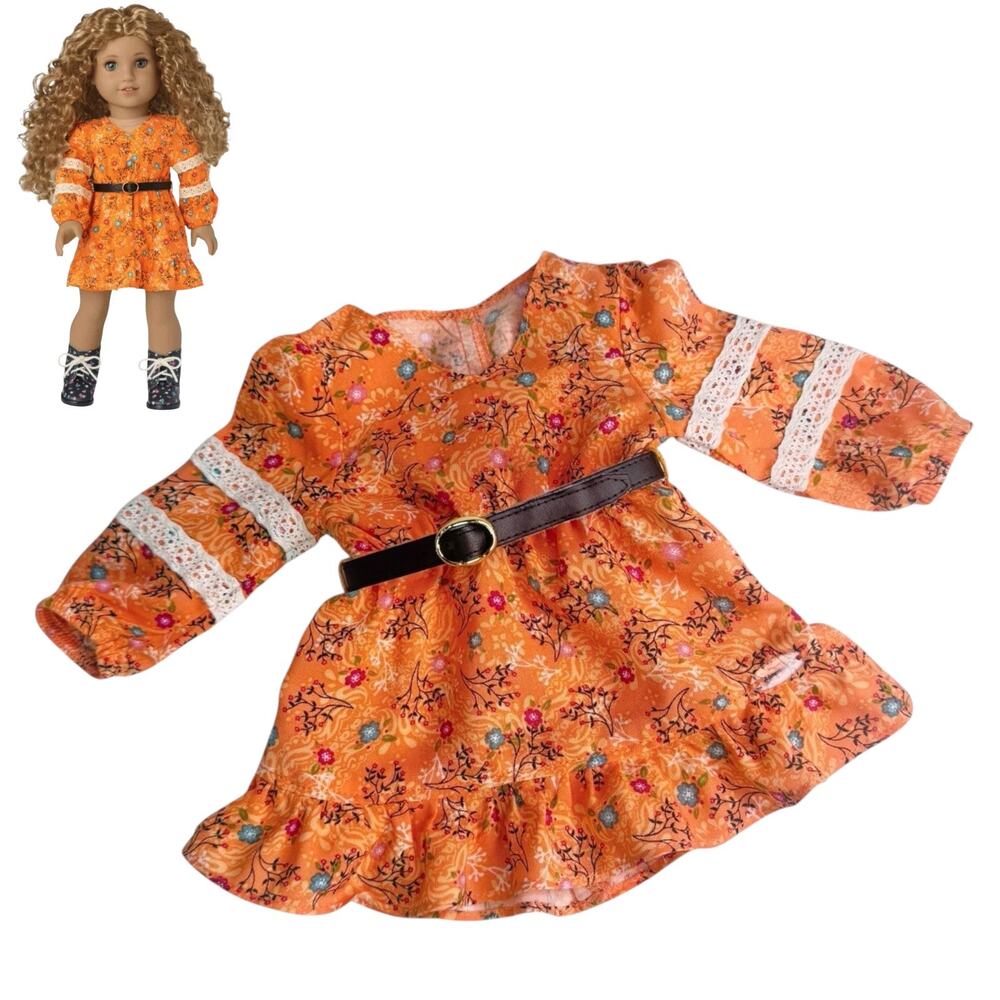 American Girl Evette Meet Dress Belt 2pc Doll Set Orange Floral & Black Belt